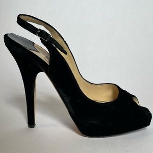 Jimmy Choo Black Velvet Slingback Pumps PeepToe Crystal Embellishment Size 36.5